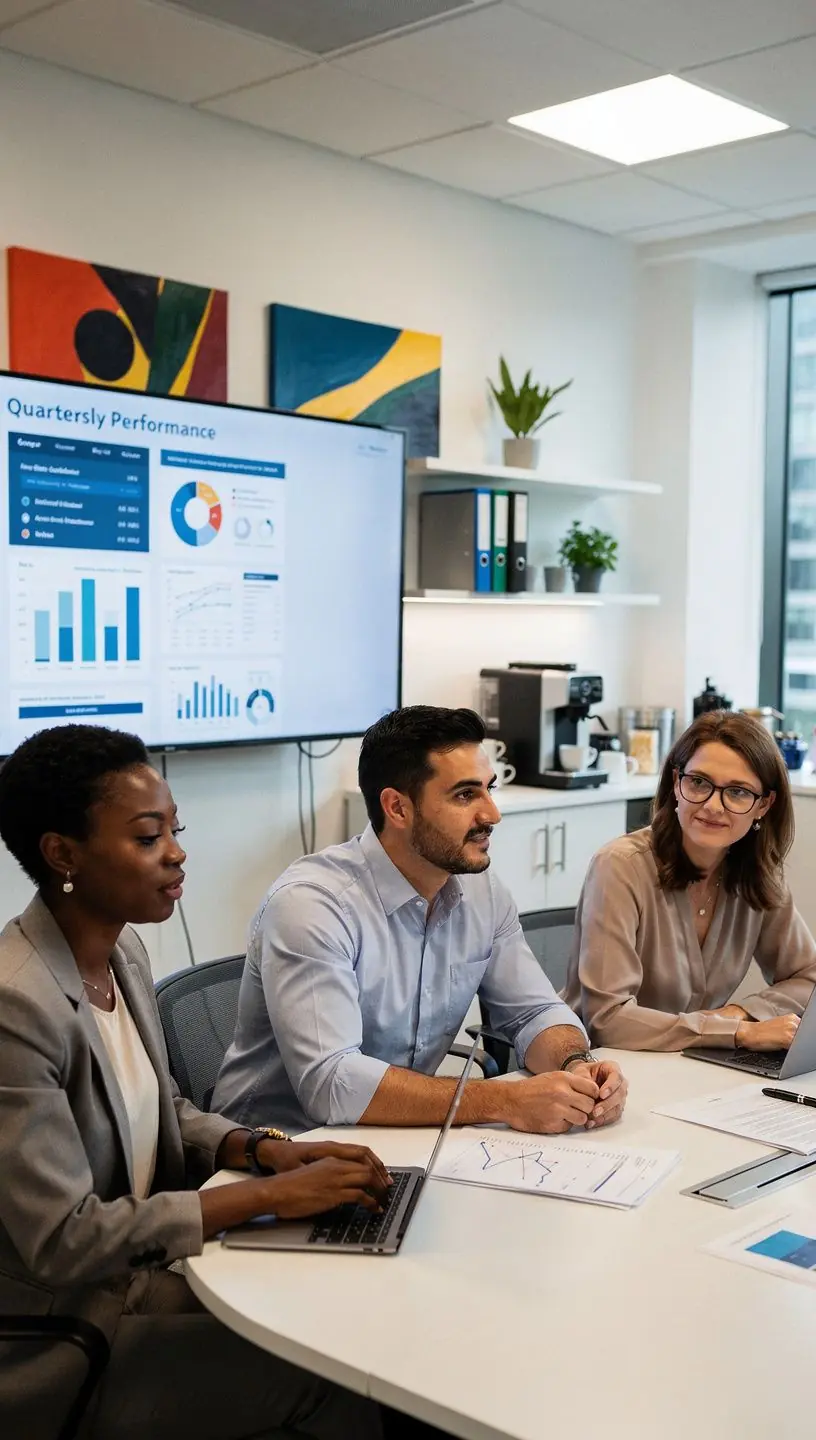 Grupa doradców omawiająca strategie oszczędnościowe dla klientów.