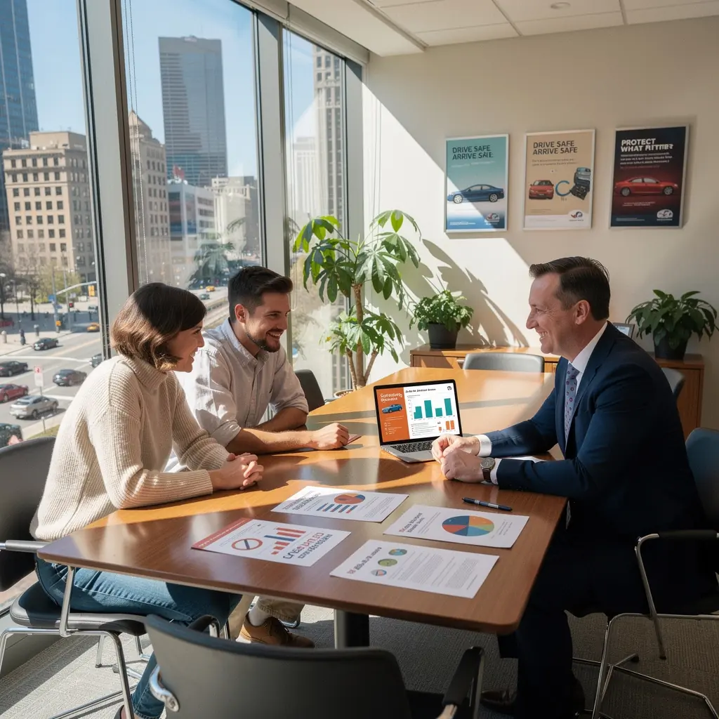 Zbliżenie na dokumenty dotyczące ubezpieczenia samochodu i kalkulator.