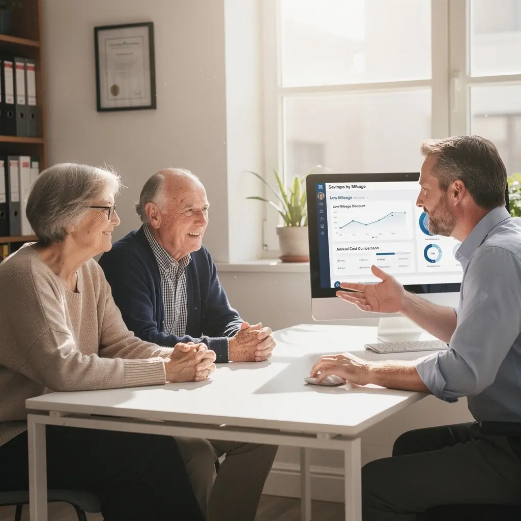 Dzieci bawiące się w tle podczas rozmowy dorosłych o ubezpieczeniu.