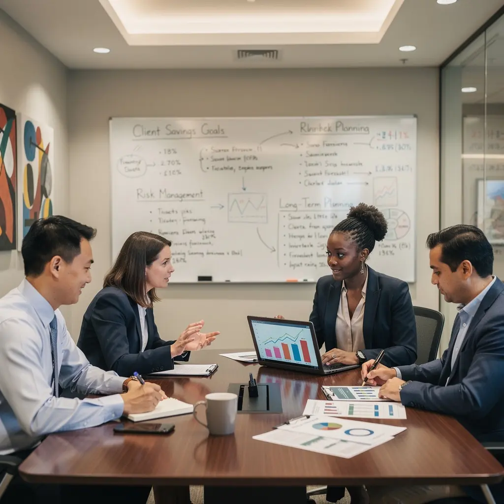 Rodzina rozmawiająca o ubezpieczeniu samochodowym w biurze doradczym.