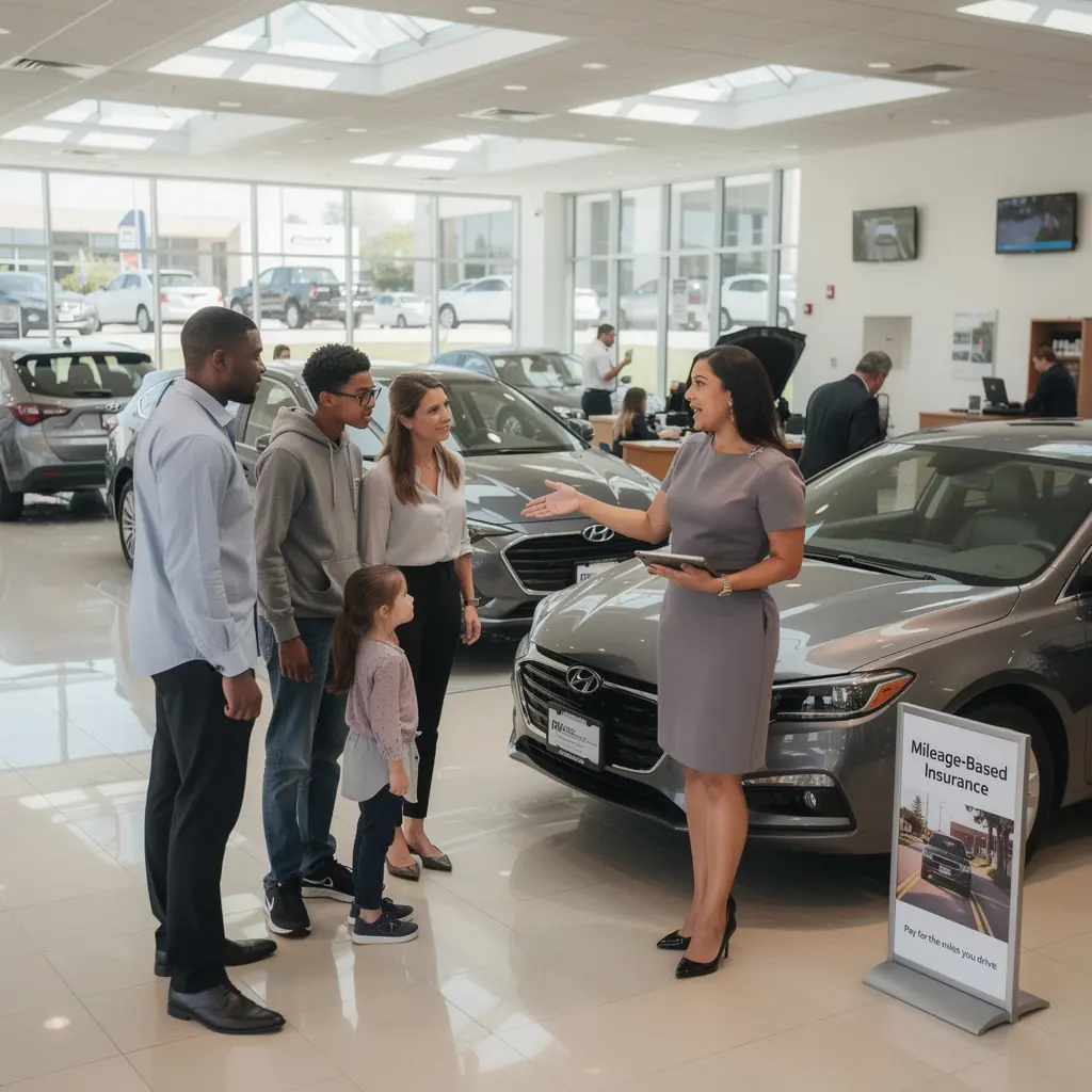 Rodzina omawiająca opcje ubezpieczenia samochodowego przy stole.