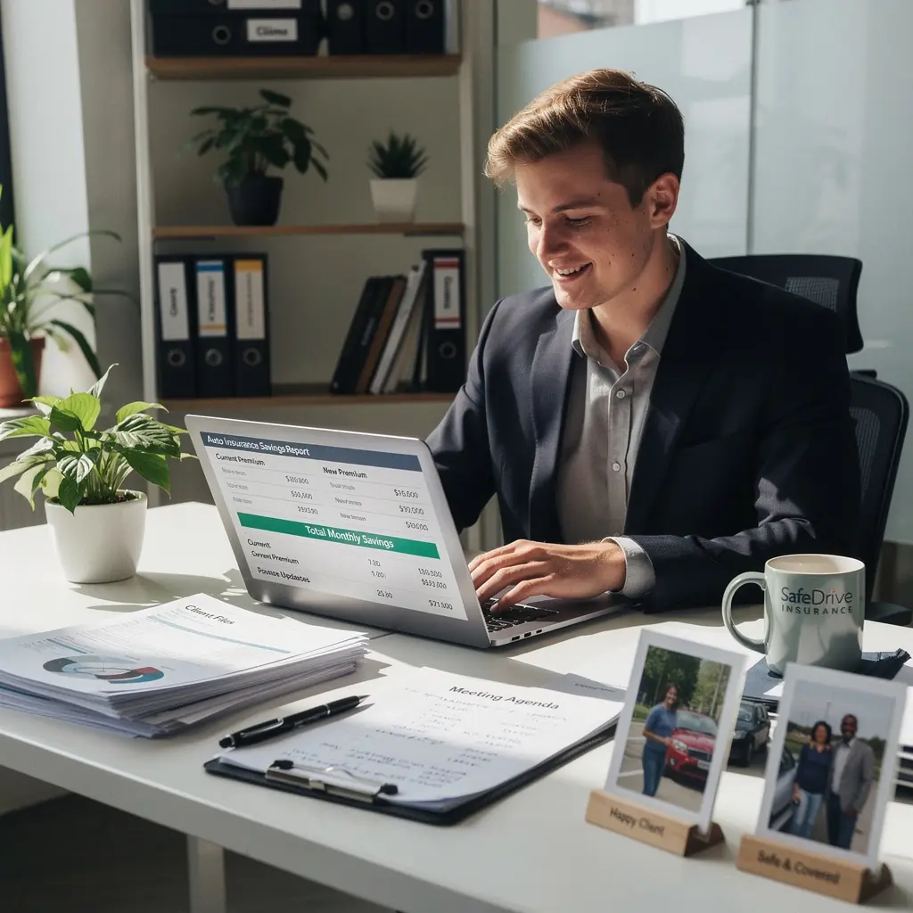 Rodzina rozmawia z doradcą o różnych planach ubezpieczenia samochodowego w przyjaznej atmosferze.